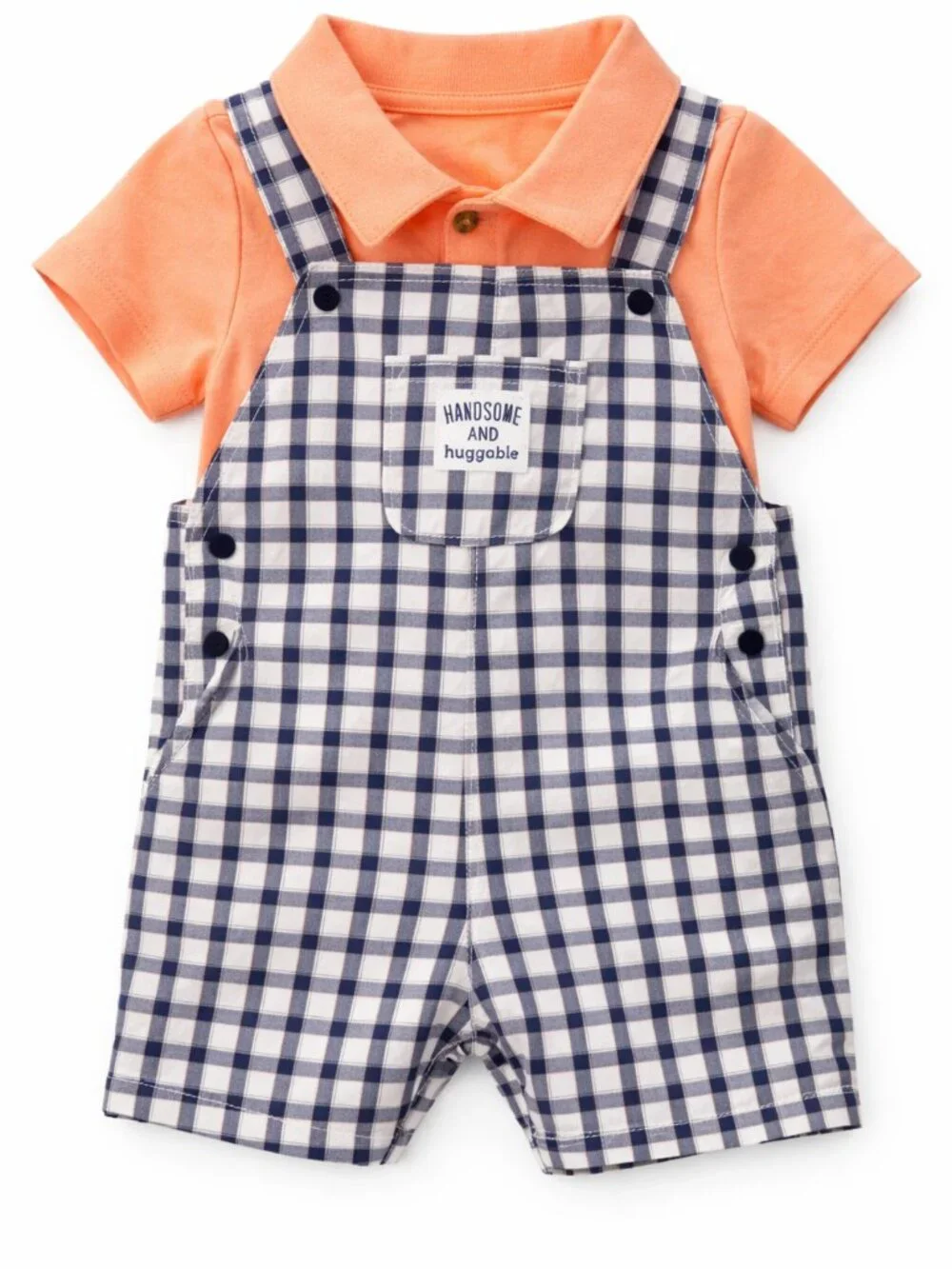NWT Carter’s Baby Boy 2 Piece Shortall Set 18 Months Plaid Overalls Orange Polo